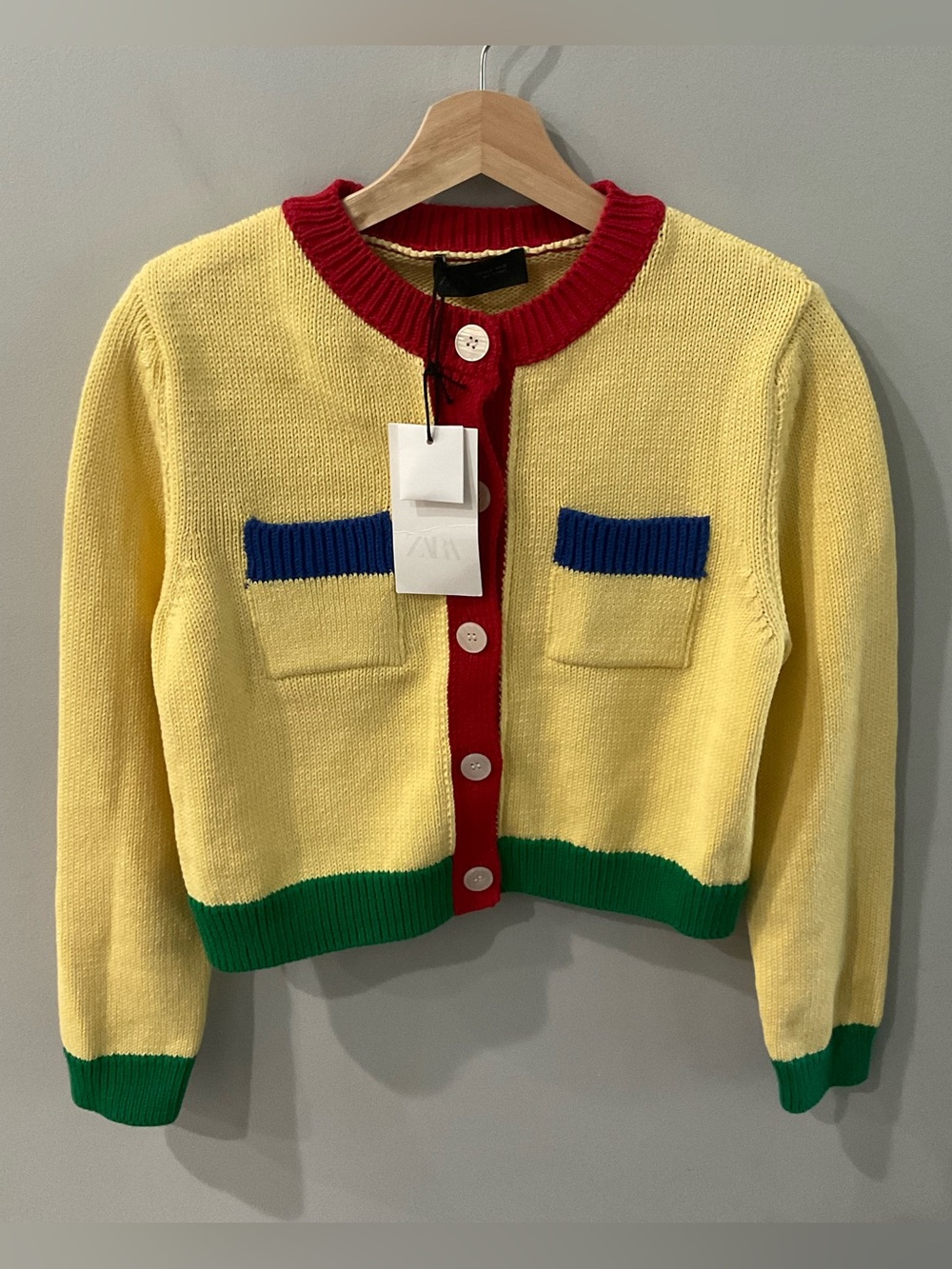 ZARA Yellow Knit Cardigan with Red Trim and Green Cuffs